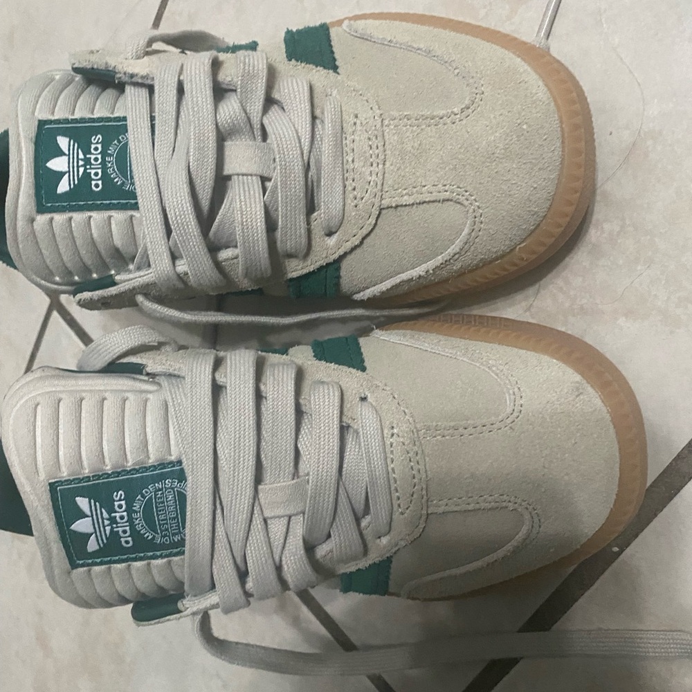 adidas Kids Cream Suede Sneakers with Green Accents and Gum Outsole